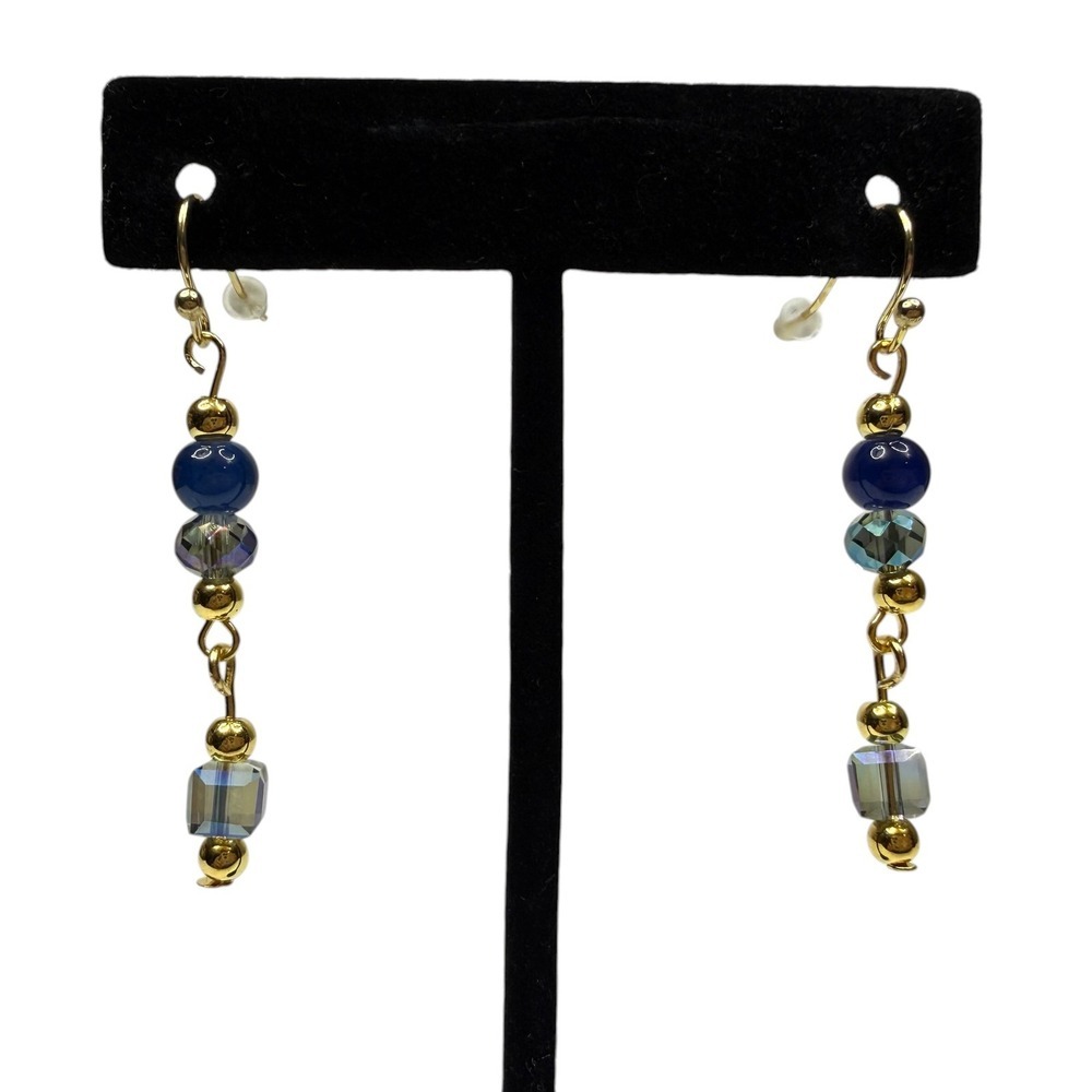 18K Gold Plated Hook Blue Crystal Glass Beaded Dangle Drop Earrings Jewelry